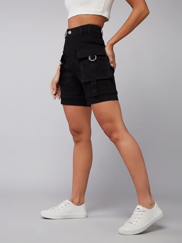 Dolce Crudo Women's Flared High Rise Regular Stretchable Denim Shorts (DOSS24DEN79-05-383-32, Slate Black, 32)