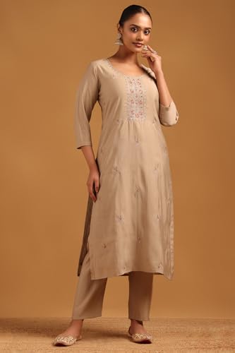 Soch Womens Beige Roman Silk Floral Salwar Suit With Stone Work