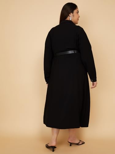 Max Women Solid Shirt Dress with Belt(Black_3XL)
