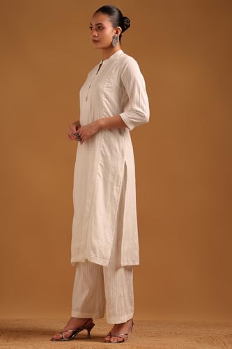Soch Womens Off White Cotton Stripes Kurta Set With Lace Details