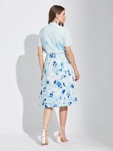 Latin Quarters Women Blue V-Neck Half Sleeves Tie Dye Knee Length A-Line Dress for Casual Wear_L