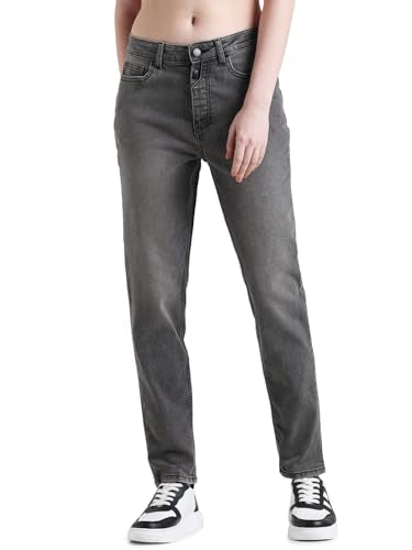 ONLY Women Solid Cotton Straight Fit Mid Rise Black Jeans