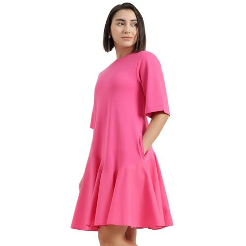 United Colors of Benetton Round Neck Solid Dress (Size : S) - 26P3099W3823I02A Pink
