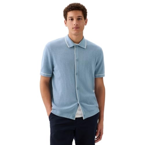 GAP Men Polo-Neck Ribbed Sweater with Short Sleeves, Blue, XL