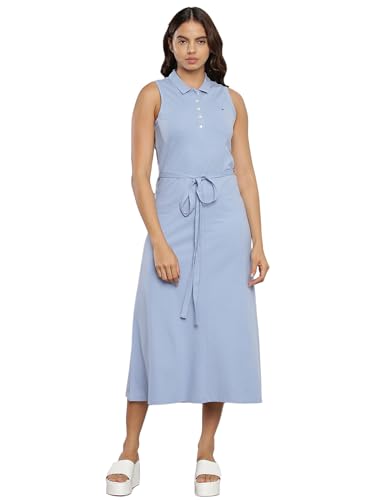 Tommy Hilfiger Women's Cotton Fit and Flare Midi Casual Dress (F23HWDR015_Blue