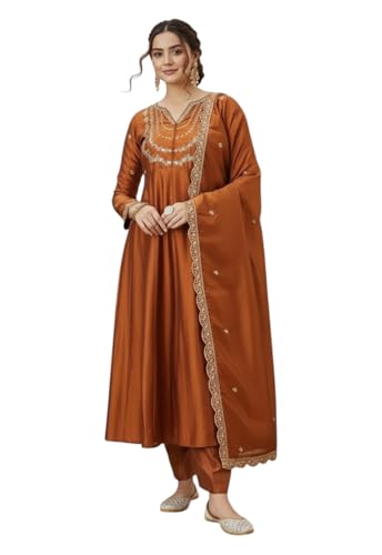 LookMark Women’s Orange Silk Blend Embroidered Anarkali Kurta with Dupatta | Full Length Ethnic Dress | Long Sleeves-AZ-LM-OG1-KS2514 Orange-L