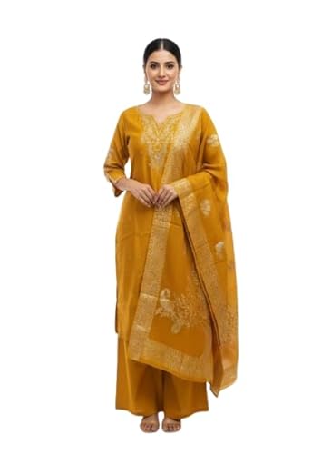 Paridhaan Elegance Traditional Mustard Yellow Embroidered Cotton Palazzo Suit Set with Matching Dupatta, Gold Floral Design Ethnic Wear for Women (IN, Alpha, L, Regular, Yellow)