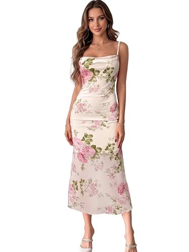 FASHION YARI Womens Summer Dress 2026 Spring Mesh Sleeveless Bodycon Ruched Floral Holiday Maxi Long Dresses Off-White