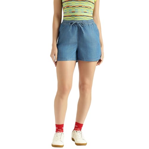 United Colors of Benetton Solid Skinny Fit High Waist Tencel Shorts (Size: 34) - 26P4DENIM159I901 Blue