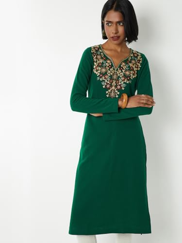 Max Women Embroidered Winter Kurta(Green_L)