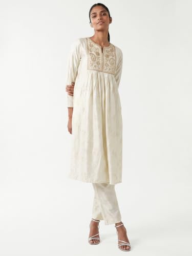 Max Women Embroidered A-line Kurta Set(Off White_L)