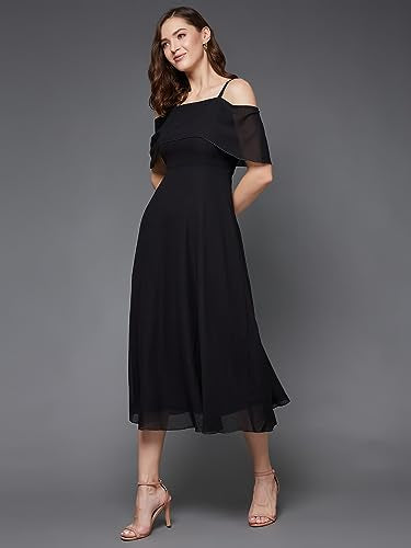 Miss Chase Women's Black Solid Sleeveless Spaghetti Strap Off Shoulder Midi Skater Bardot Dress (MCAW17D10-06-62_Black_L)