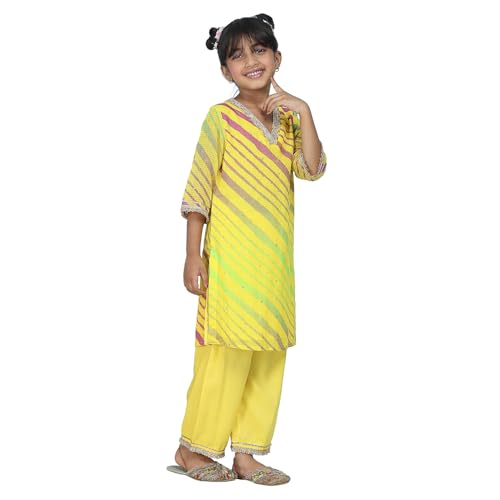 Biba Girls Yellow Cotton Printed Straight Suit Set_8-9Y