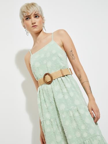 Max Alaya F x URB_N Women Textured Tiered Maxi Dress with Belt(Green_L)