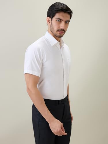 Raymond Men Regular Fit Solid Piece Dyed Pattern Pure Cotton Semi Cutaway Collar Half Sleeve Formal Shirt White