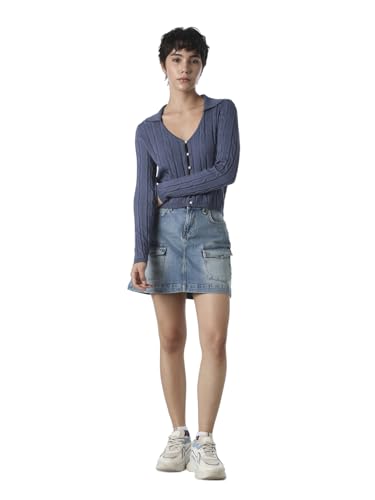 ONLY Women's Self Design Slim Fit Blue Sweater