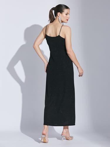 Latin Quarters Women Black Solid A-Line Dress | Sleeveless | V-Neck | Zip Closure | Nylon Stretch | Elegant Fit & Flare Dress for Party & Casual Wear