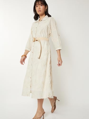 Max Women Embroidered Shirt Dress with Belt (Beige_L)