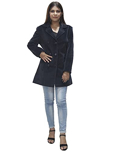 HAUTEMODA Womens Woollen Mid-Thigh Double Breast Coat/Blazer For Winter Navy,Large