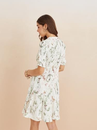 Latin Quarters Women's White Mandarin Neck Half Sleeves Printed Casual A-Line Dress_L