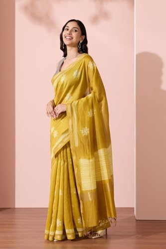 Taneira Women Light Yellow Pure Silk Cotton Shibori Saree with Unstitched Blouse Piece (SAPP01AA3718-Light Yellow)