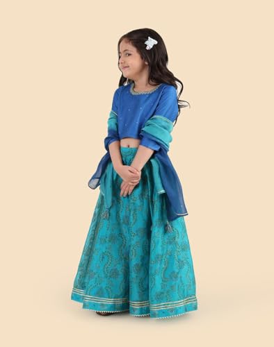 Fabindia Girls Cotton Silk Blend Blue Hand Block Print Round Neck 3Q Sleeves Celebration Regular Fit Lehenga Choli & Dupatta Set