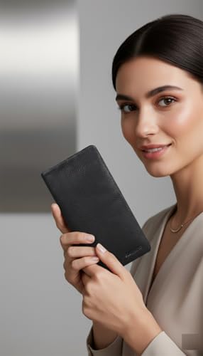Calfnero Women's Genuine Leather Travel Wallet-Long Purse Wallet with Multiple Card Slots, Zip Pocket and Note Compartment (Black)