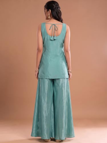Varanga Women Sea Blue A Line Kurta Palazzos Set V Neck Sleeveless Chinon