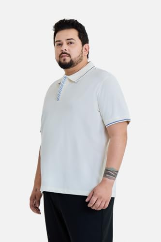 SNITCH Men Plus Size Polo T-Shirt | Geometric Patterned Placket & Contrast Tipping | Cotton Lycra Blend Stretchable Half Sleeve Polo for Casual & College Wear Off-White