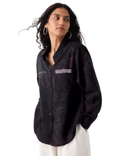 The Souled Store Originals: Indie Soul Women and Girls Long Sleeves Collared Neck Button Front Paisley Printed Viscose Blend Oversized Fit Casual Boyfriend Shirt