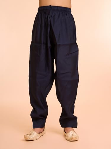 Manyavar Boys Viscose Blend Neck Embroidered & Sequined Kurta Pyjama Set (Dark Blue,8-10Y)