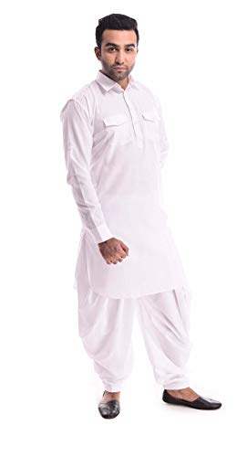 Royal Kurta Mens Linen Cotton Pathani Kurta Patiala Salwar Set White