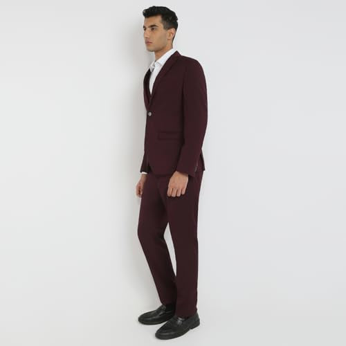 Park Avenue Men Modern Slim Fit Solid Pattern Terylene Rayon Blend Notch Lapel Full Sleeve Ceremonial Suit Maroon