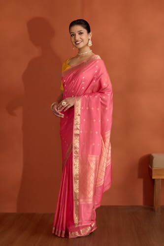 Taneira Women Pink Silk Viscose Cutwork Banaras Inspired Design Saree with Unstitched Blouse Piece (SAPH02AA0402-Pink)