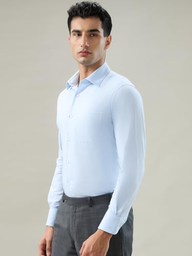 Raymond Blue Solid Chambray Pattern Men Long Sleeve Casual Shirt