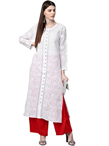 Ada Handmade Lucknowi Chikankari Women's Pure Cotton Kurta Kurti XS345926 White