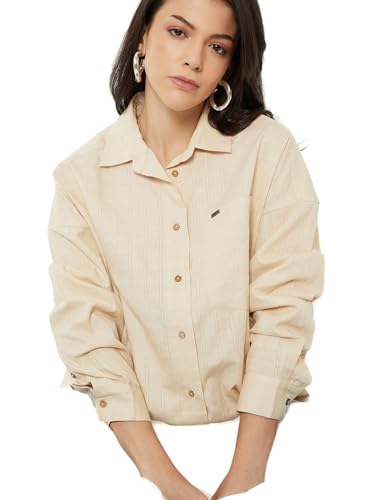 Max Women Oversized Checked Shirt(Beige_M)