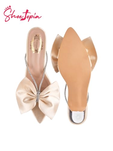 Shoetopia Women’s Satin Bow Golden Heeled Sandals, Rhinestone Strap Slingback, Peep Toe with Clear Flared Heel Comfortable EU35