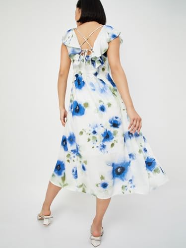 Max Women Floral Print A-line Midi Dress(White_M)
