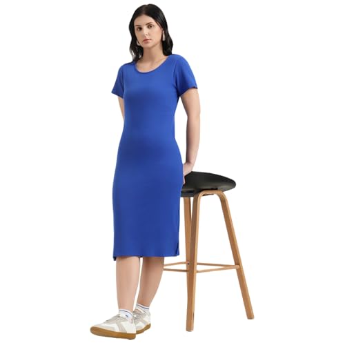 United Colors of Benetton Round Neck Solid Bodycon Dress (Size : XS) - 26P3RYCD400YI19R Blue