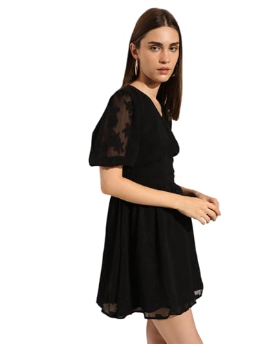 ONLY Women's Self Design Fit and Flare Black Dress