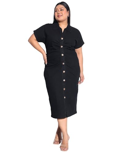 Sassafras Curve Women Black Blast Denim Front Ruching Bodycon Dress-6XL