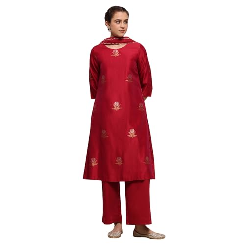 Biba Women Red Chanderi Relaxed Dyed Kurta Pants Set_34