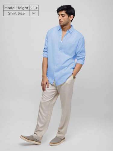 The Souled Store Cotton Linen: Cerulean Sky Men and Boys Long Sleeves Collared Neck Button Front Solid Regular Fit Cotton Linen Shirts