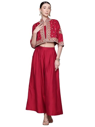 Aarke Ritu Kumar Wine Hiranmayi Festive Emb. Jacket With Bustier And Palazzo Co-Ord Set