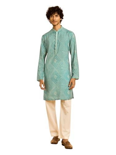 DIWAS BY MANYAVAR Men's Viscose Bandhani Print | Embroidered Neck Kurta Set (Turquoise Blue,XL)