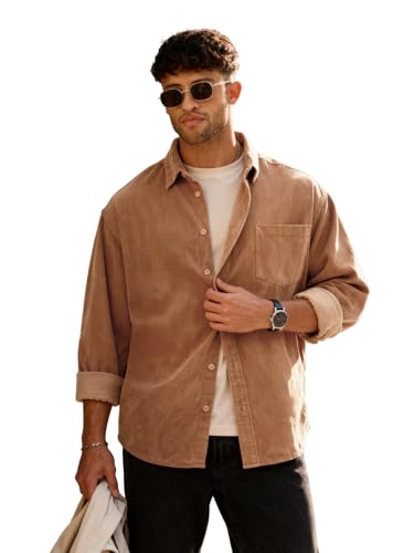 The Souled Store Corduroy Shirt: Redwood Men and Boys Long Sleeve Spread Collar Solid Casual Everyday Office Wear Easy to Style Cotton Relaxed Shirt