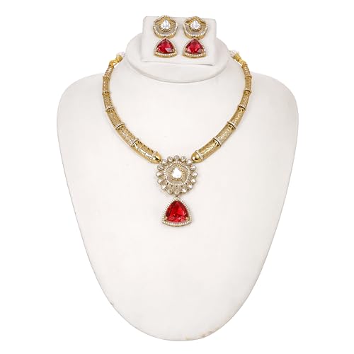 ZYRA JEWELS Micro Gold Plated Floral Necklace Set with American Diamond, Zircon & Moissanite Stones | Party Bling Luxury Designer Jewelry for Women & Girls (Ruby Red)