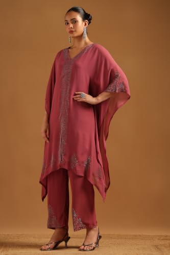 Soch Womens Onion Pink Georgette Embellished Kaftan Suit With Stone Work