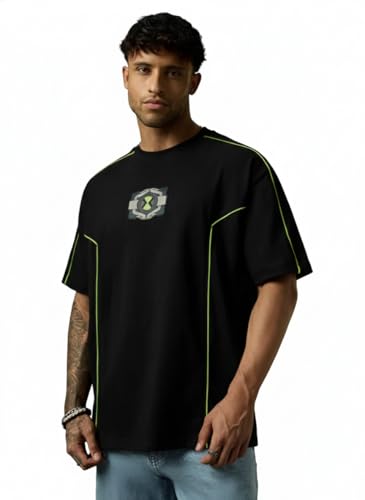 The Souled Store Ben 10: Tennyson Men and Boys Short Sleeves Round Neck Black Graphic Printed Lightweight Drop Shoulder Streetwear Trendy Oversized T-Shirt